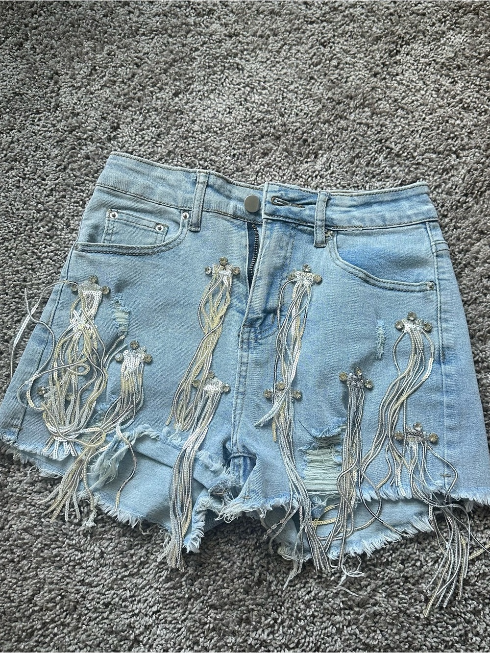 Timing Light Blue Distressed Jean Shorts with Silver Beaded Fringe